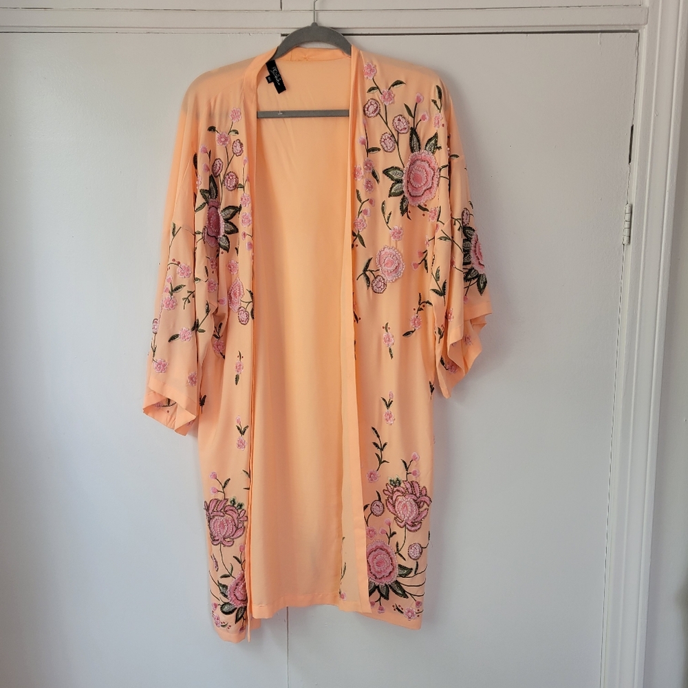 Peach Floral Embroidered Kimono